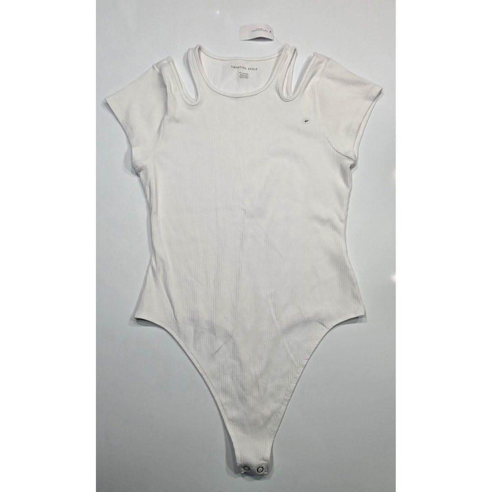 American‎ Eagle White Ribbed Bodysuit Cutout Short Sleeve XL